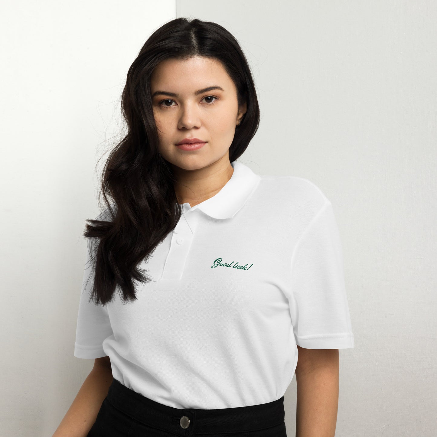 "Good luck!" Pique Polo Shirt (Unisex)